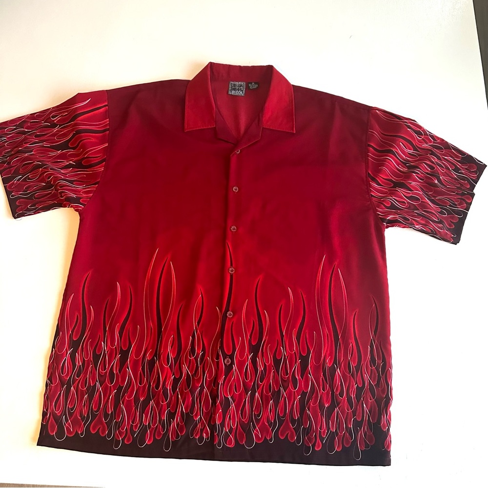 Authentic Shaolin Men’s Button Down Shirt Red‎ Flames Size Extra Large